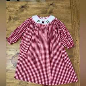 Stitchy Fish Christmas Merry Mouse Smocked Long Sleeve Red Gingham Dress
